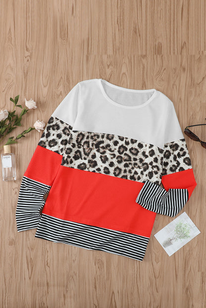 Stripes Leopard Splicing Colourblock Long Sleeve Top | Orange