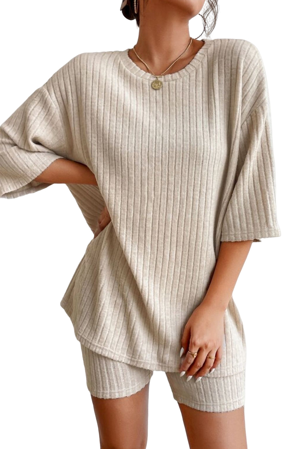 Plain Ribbed Loose Fit Two Piece Lounge Set | Apricot