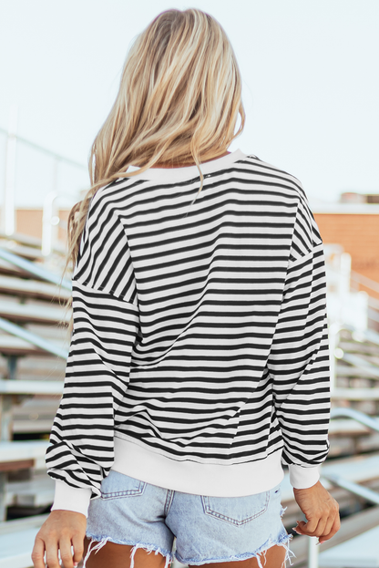 Colour Block Buttoned Crew Neck Oversized Sweatshirt | White Stripe