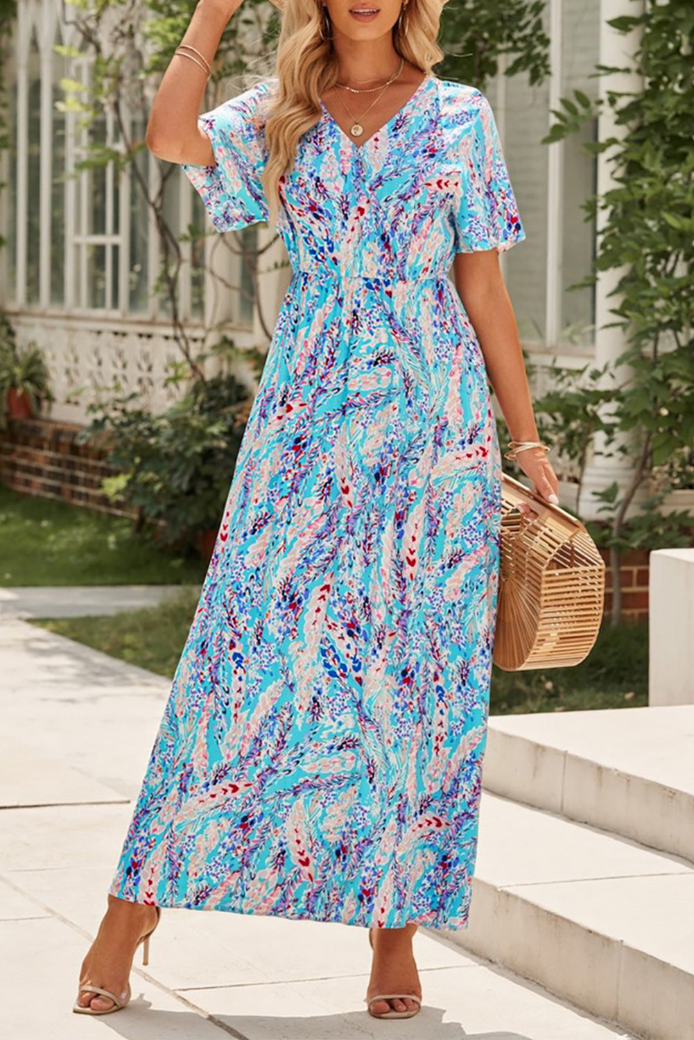 Wrap V Neck Floral Maxi Dress | Green