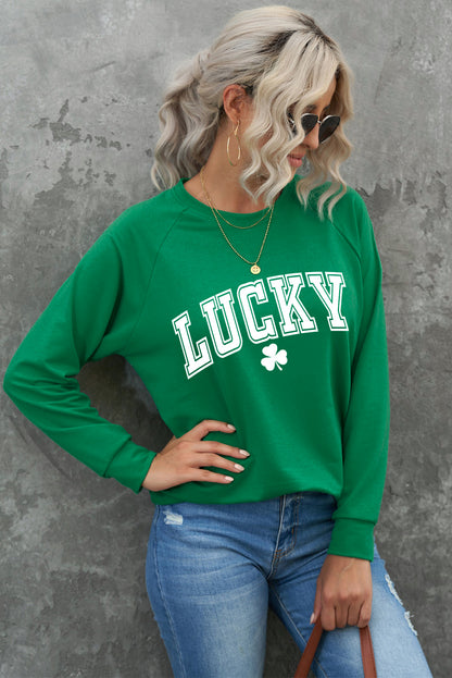 St. Patricks Lucky Clover Print Raglan Sleeve Sweatshirt | Green