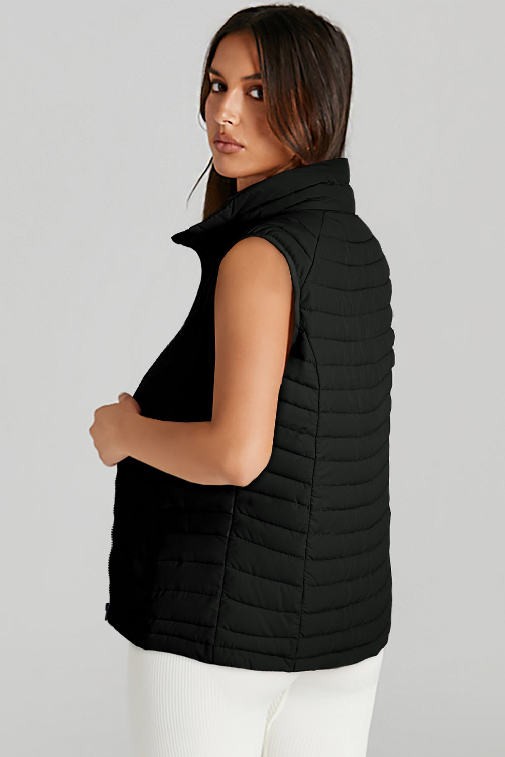 Plush Collared Quilted Zipped Puffer Vest | Black