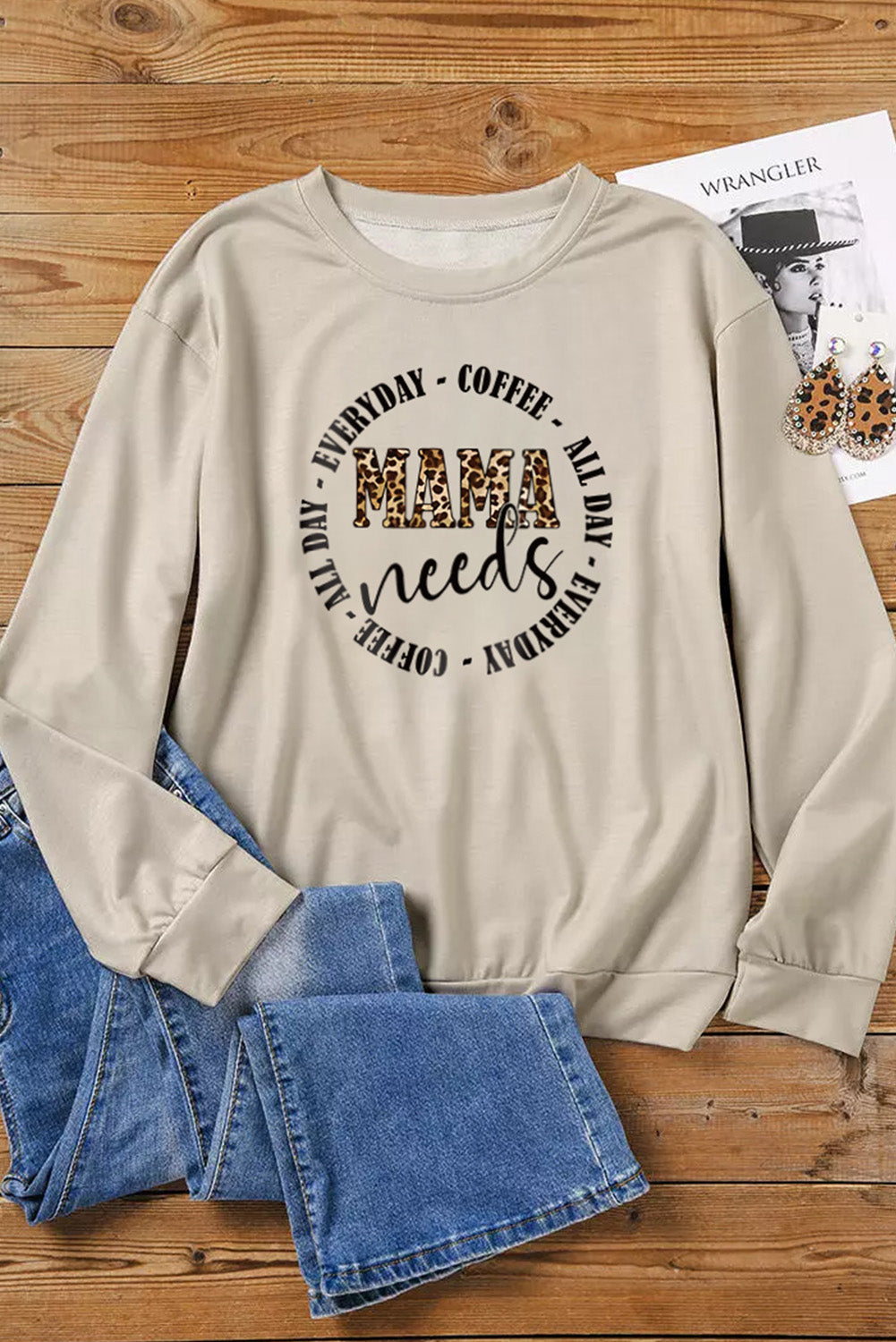 Mama Needs All Day Everyday Letters Graphic Sweatshirt | Khaki