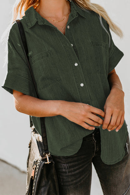 Green Turn-down Collar Short Sleeve Denim Shirt