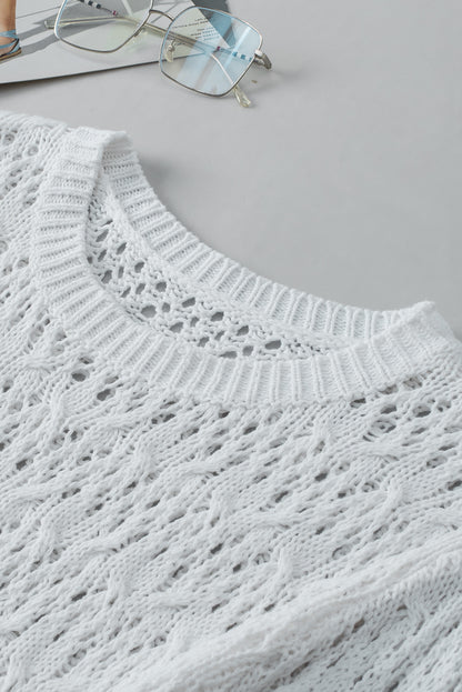 Hollow-Out Textured Half Sleeve Sweater | White