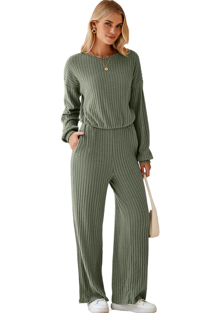 Solid Ribbed Knit Keyhole Back High Waist Jumpsuit | Laurel Green