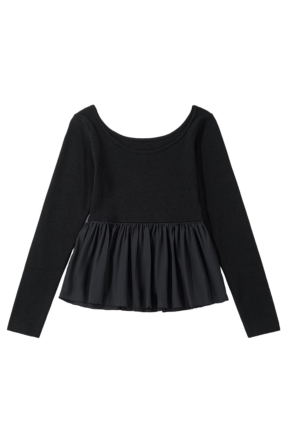 Ribbed Knit Long Sleeve Scoop Neck Peplum Patchwork Top | Black