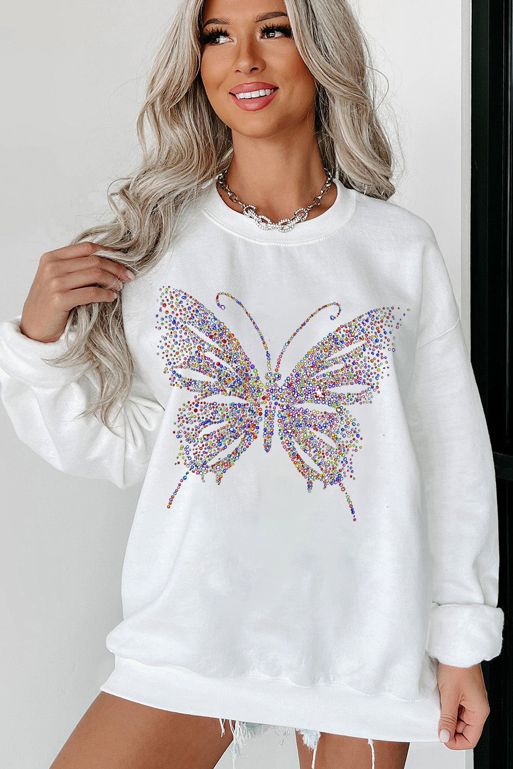 Rhinestone Butterfly Graphic Crewneck Oversized Sweatshirt | White