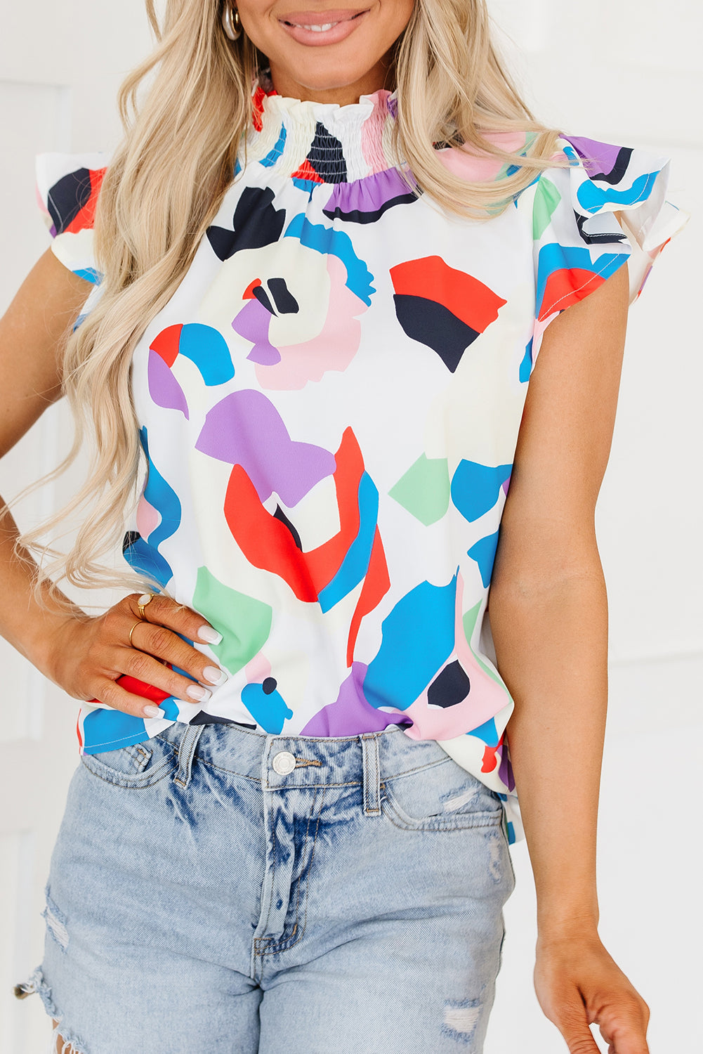 Multicolor Abstract Print Ruffle Sleeve Smocked Blouse