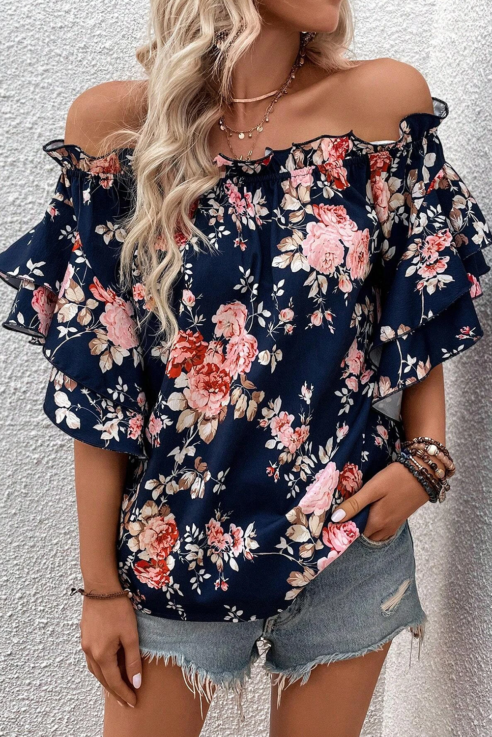 Ruffle Off Shoulder Flounce Sleeve Floral Blouse | Blue