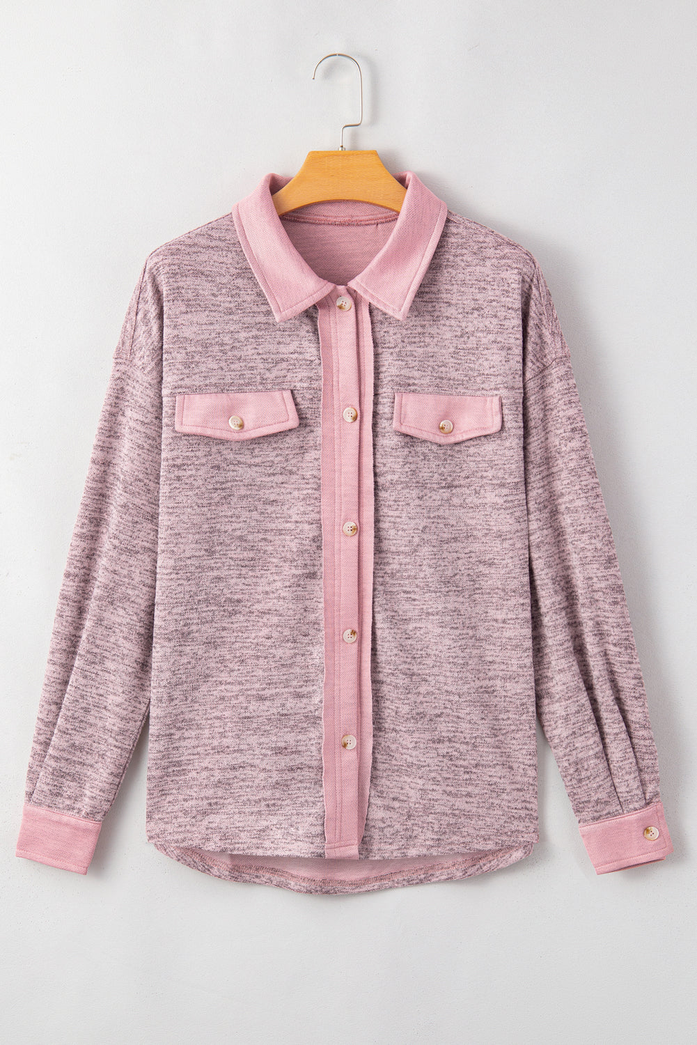 Contrast Trim Collared Casual Shacket | Pink