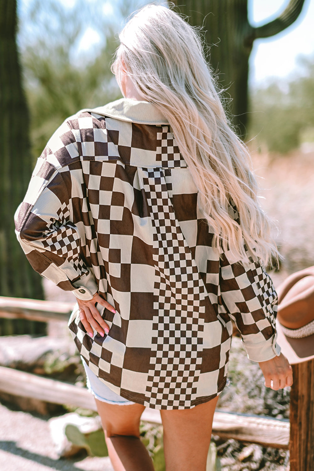 Checkered Print Patchwork Corduroy Shacket | Brown