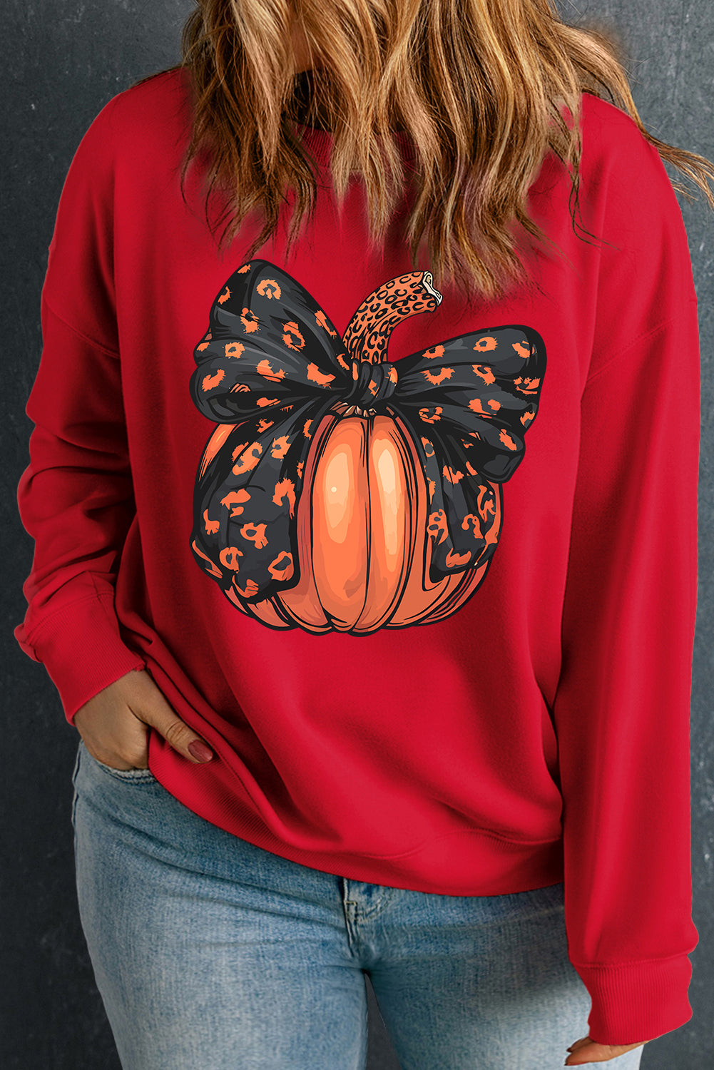 Racing Red Halloween Bow Knot Pumpkin Print Drop Shoulder Plus Sweatshirt