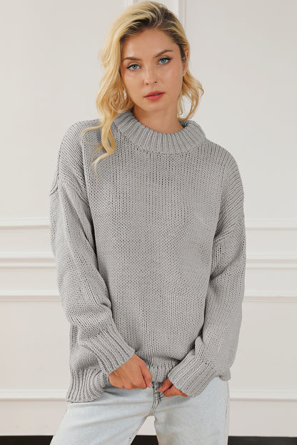 Chunky Knit Turtle Neck Drop Shoulder Sweater | Light Grey