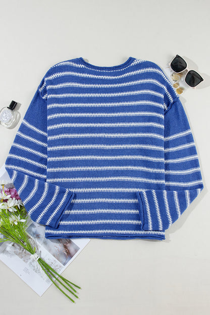 Drop Shoulder Casual Sweater | Sky Blue Stripe