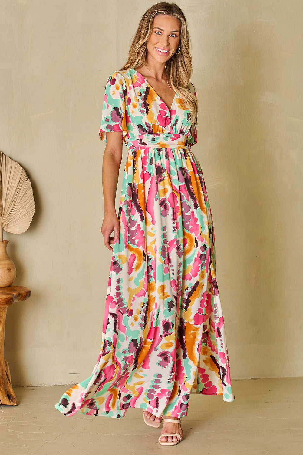 Boho Tie-Dye Print V Neck Maxi Dress | Pink