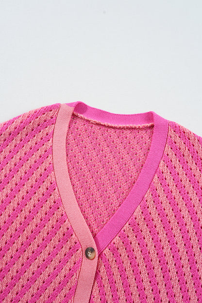 Striped Buttoned V Neck Drop Shoulder Cardigan | Pink