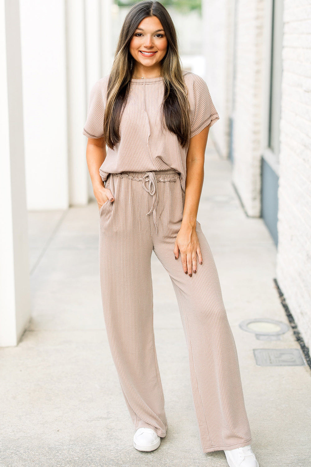 Exposed Seam Ribbed Tee And Pants Two-Piece Outfit | Parchment