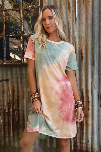 Tie Dye Oversized Slit Tee Dress | Multicolour