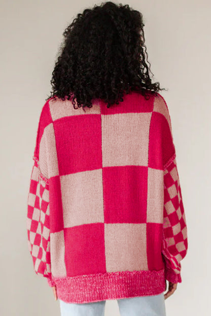 Mixed Checkered Pattern Drop Shoulder Loose Sweater | Rose Red