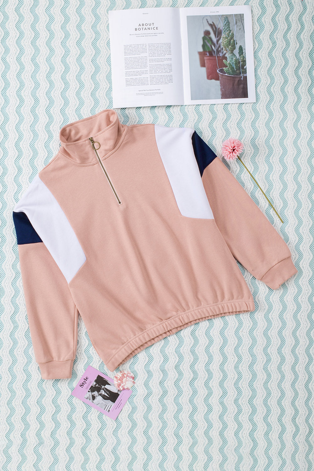 Colour Block Patch Bicep Quarter Zip Sweatshirt | Pink