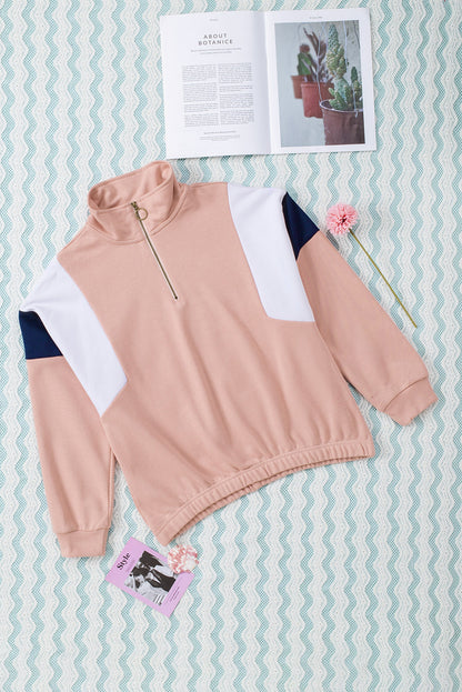 Colour Block Patch Bicep Quarter Zip Sweatshirt | Pink