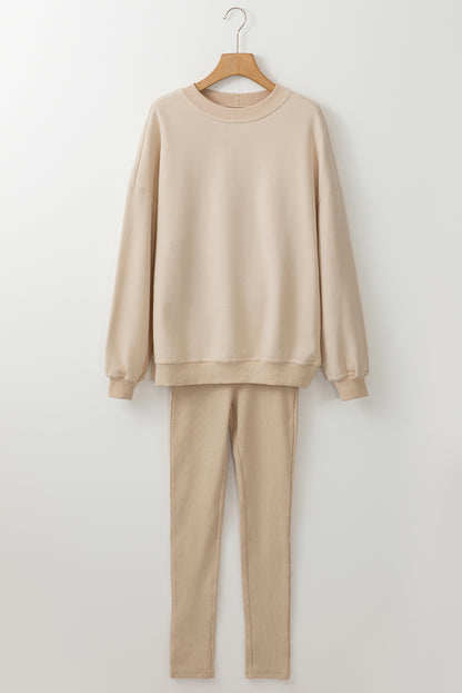 Solid Sweatshirt And Leggings Two Piece Set | Beige