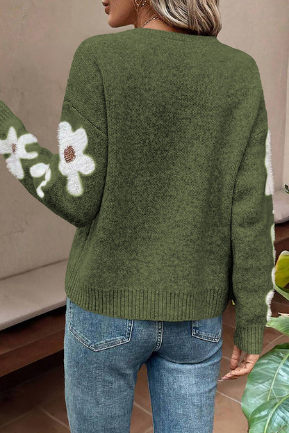 Flower Sleeve Drop Shoulder Sweater | Moss Green