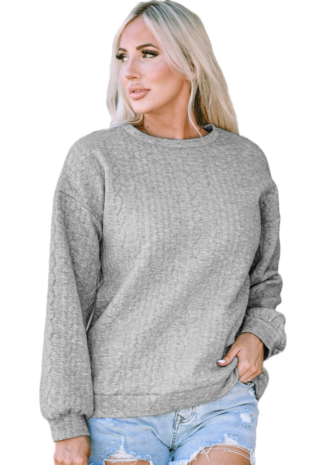 Cable Textured Drop Shoulder Pullover Sweatshirt | Gray