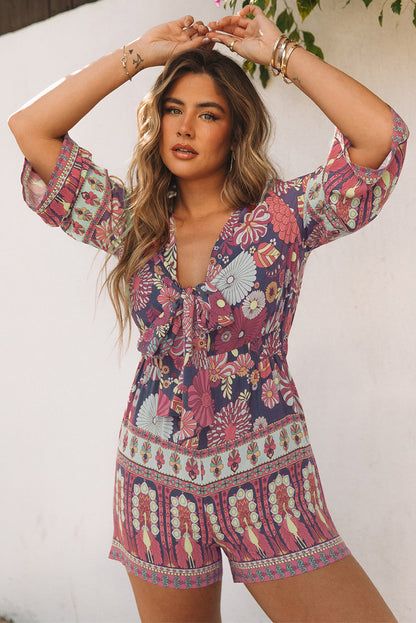 Vintage Printed 3/4 Sleeves V Neck Romper | Purple