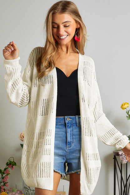 Solid Colour Lightweight Open Knit Tunic Cardigan | White