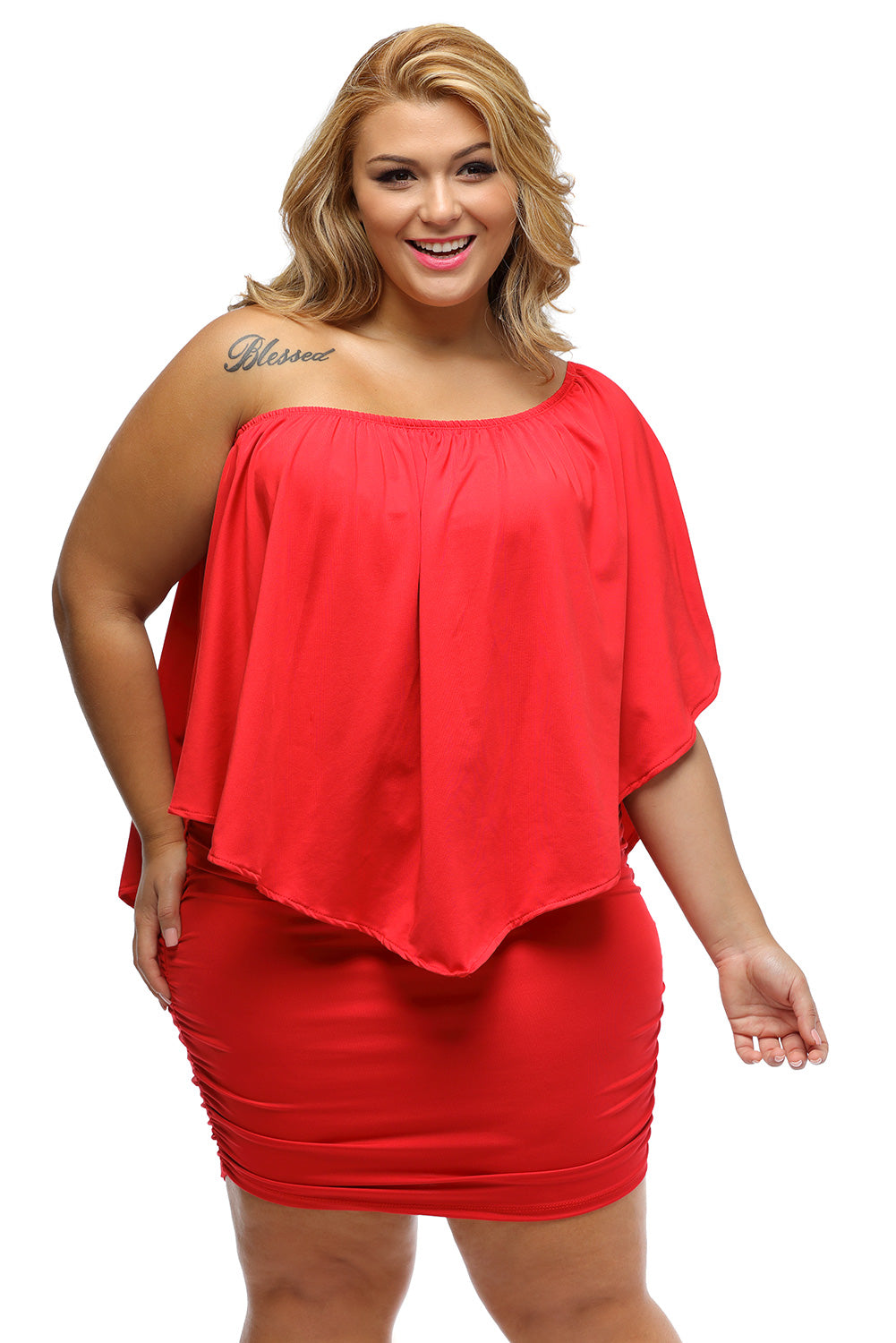 Plus Size Dressing Layered Fiery  Mini Poncho Dress | Red