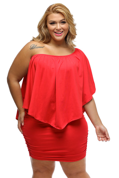 Plus Size Dressing Layered Fiery  Mini Poncho Dress | Red