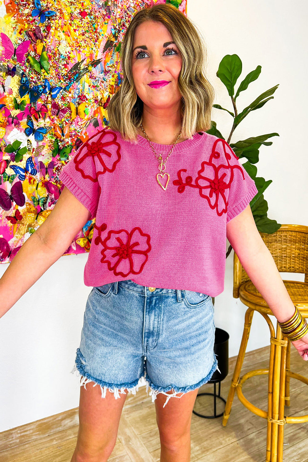 Flower Embroidery Short Sleeve Knitwear Top | Bright Pink