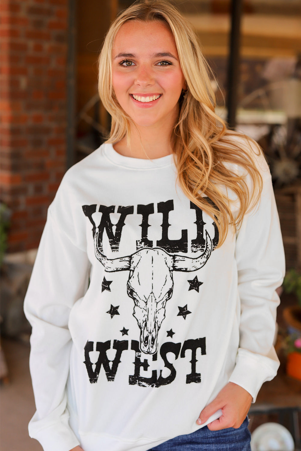 Wild West Steer Skull Graphic Ribbed Sweatshirt | White