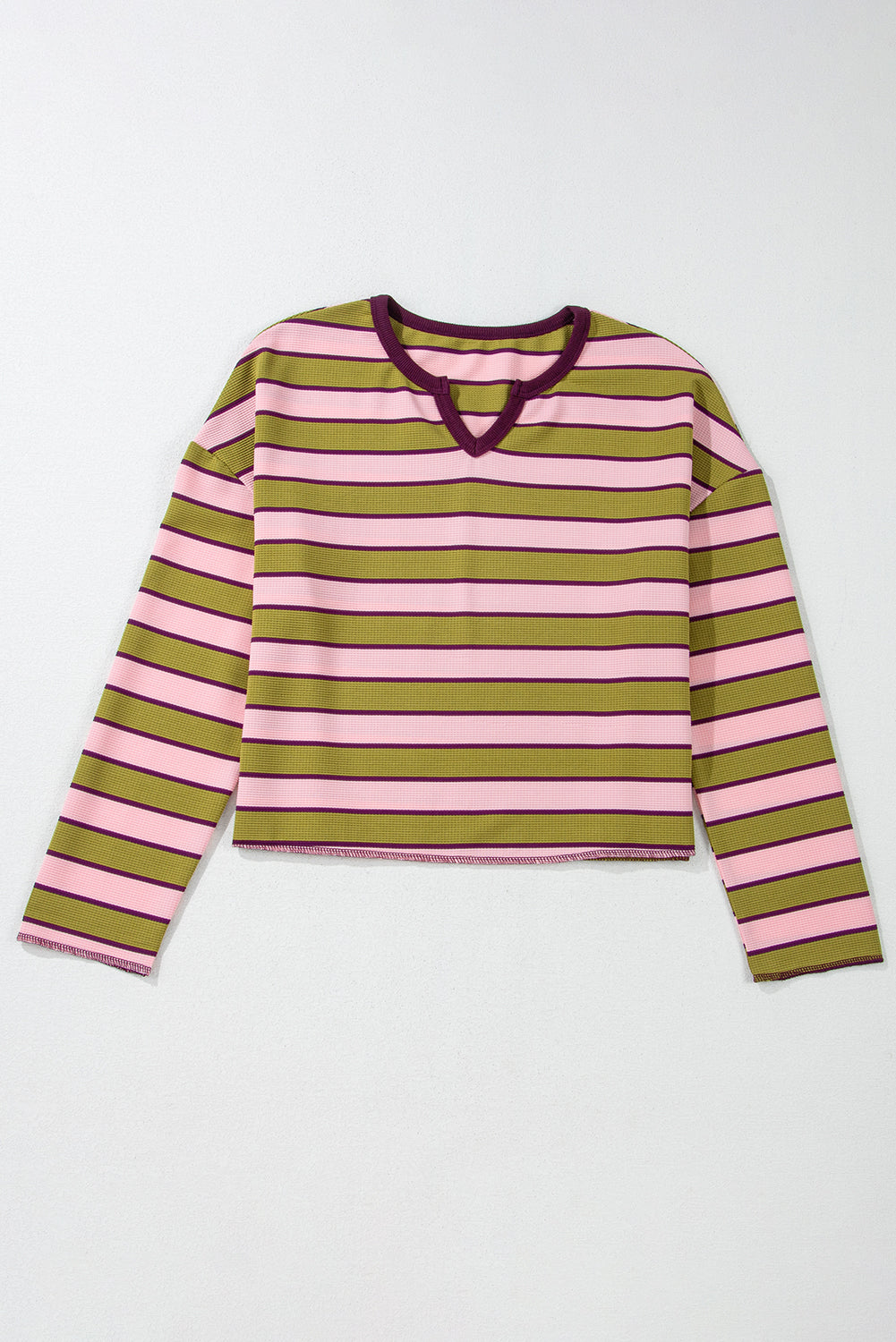 Clashing Stripes Waffle Texture Notched Neck Long Sleeve Top | Spinach Green