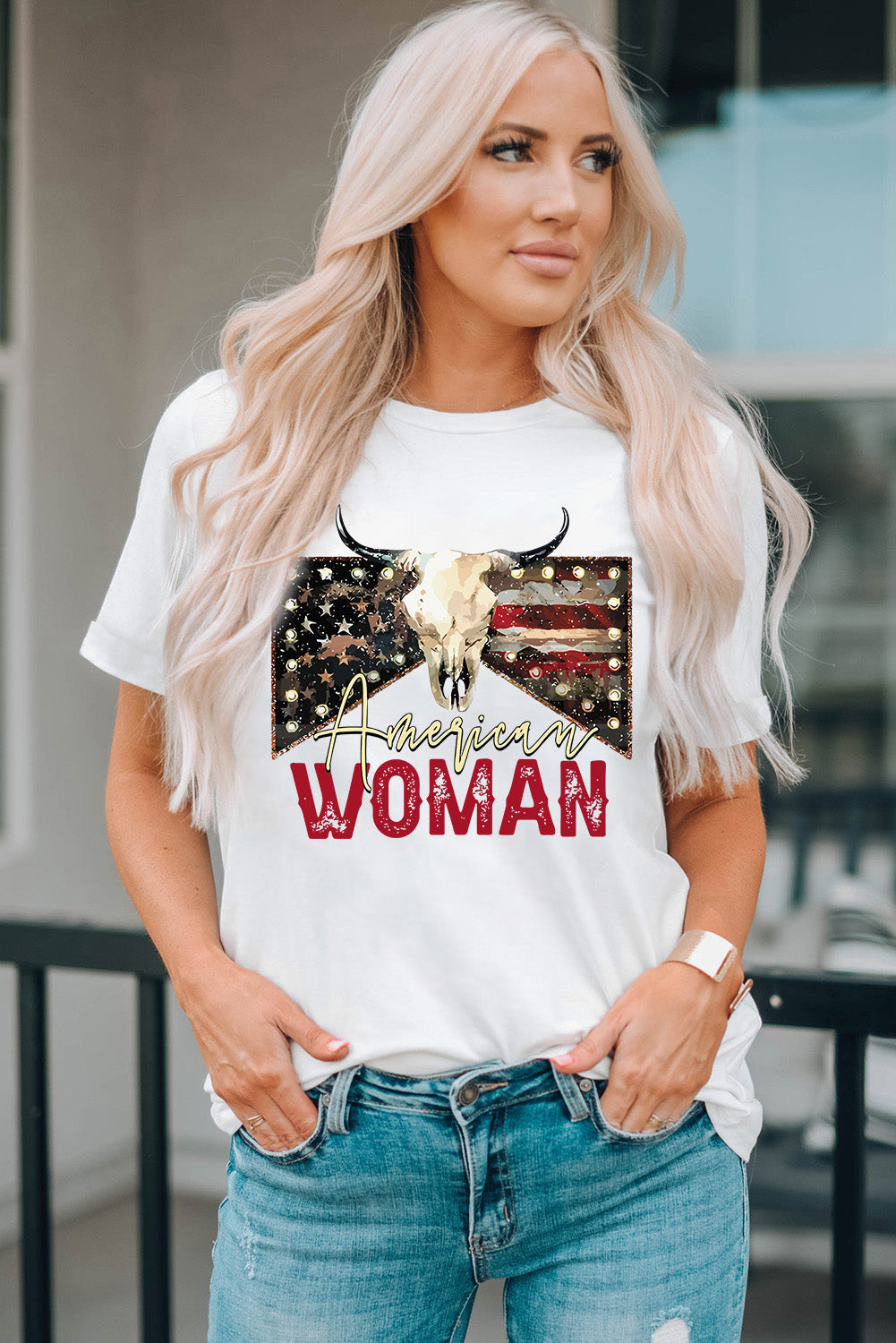 American Woman Bull Skull Graphic T Shirt | White