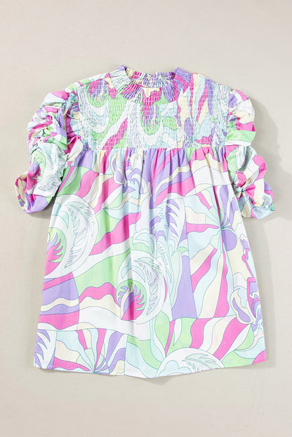 Abstract Print Bubble Sleeve Smock Detail Blouse | Green