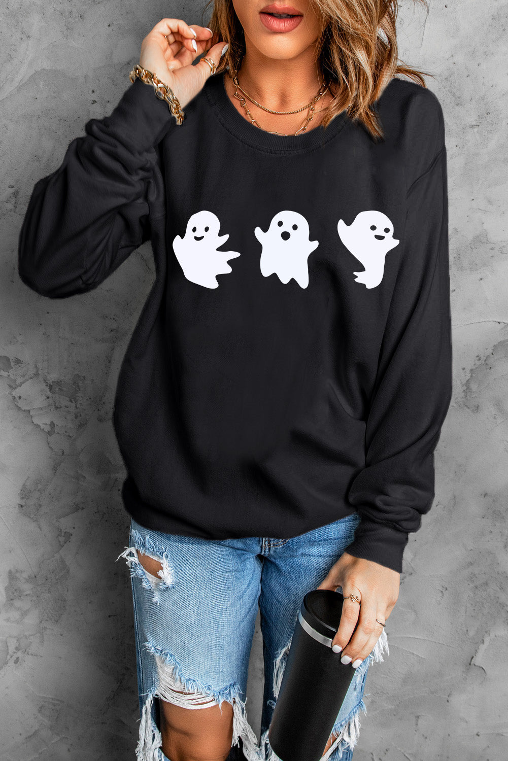 Halloween Ghosts Print Round Neck Sweatshirt | Black