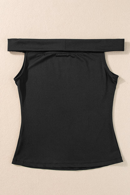 Folded Off Shoulder Slim Top | Black