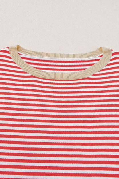 Contrast Trimmed Striped Drop Shoulder Sweater | Fiery Red