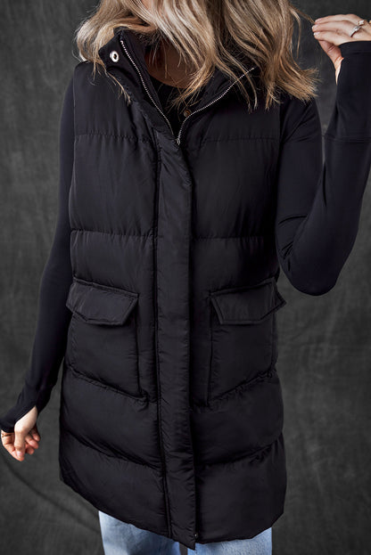 Windproof Longline Full Zipper Puffer Vest With Pockets | Black