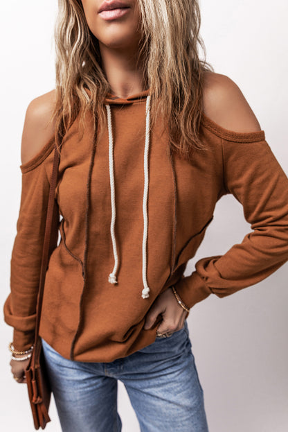 Exposed Seam Cold Shoulder Drawstring Hoodie | Cinnamon