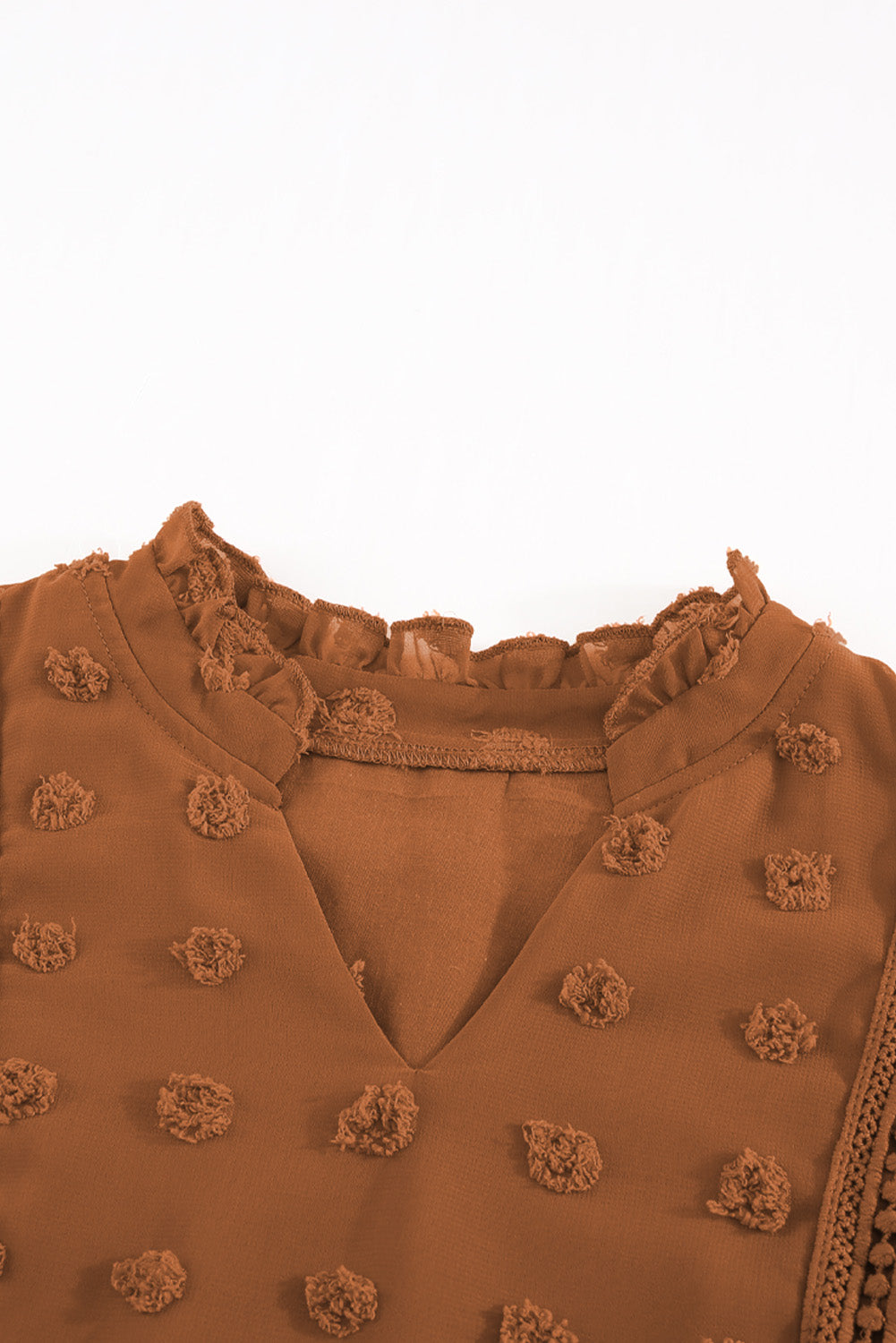 Brown Swiss Dot Split Neck Ruffle Babydoll Blouse | Orange