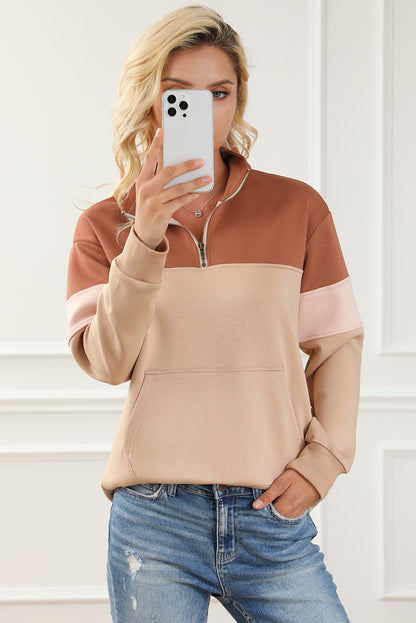 Colour Block Zip Mock Neck Pocketed Sweatshirt | Khaki