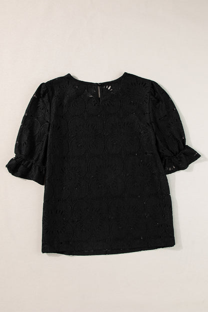 Flower Eyelet Jacquard Keyhole Flounce Sleeve Top | Black