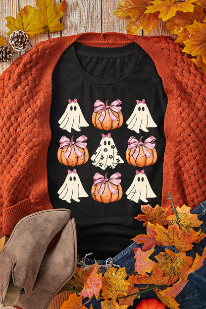 Bowknot Ghost Pumpkin Graphic Halloween T Shirt | Black