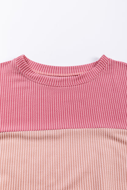 Colour Block Long Sleeve Ribbed Loose Top | Pink