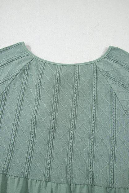 Tie Split Neck Textured Ruffle Patchwork Blouse | Laurel Green