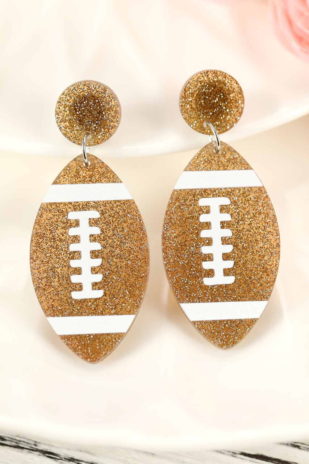 Glittering Rugby Football Pendant Game Day Earrings | Brown